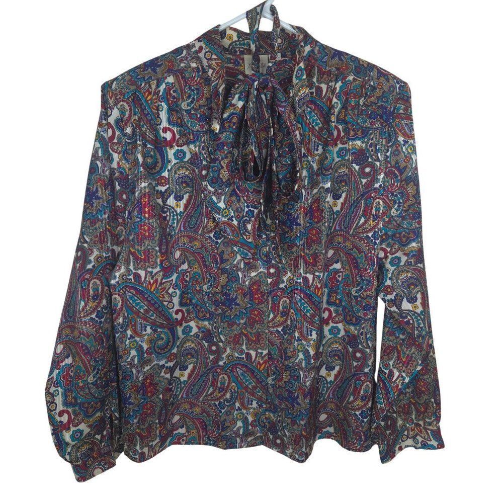 Vintage 80s Pykettes Paisley Secretary Blouse Bow Womens Size 14 Multi